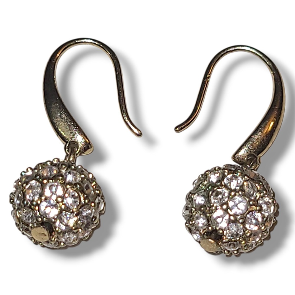 Vintage Gold Tone Rhinestone Disco Ball Dangle Earrings Pierced Glam Retro